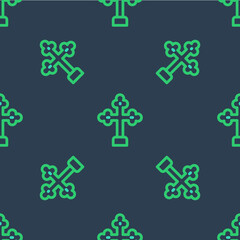Line Christian cross icon isolated seamless pattern on blue background. Church cross. Vector
