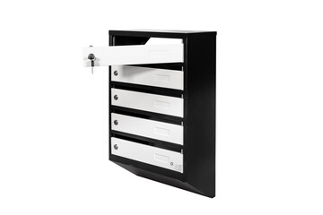 Mail boxes filled of leaflets and letters. Shallow DOF,Mailboxes and Lock in Rows at Entrance