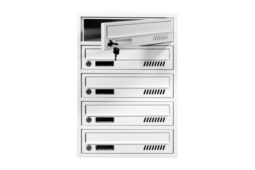 Mail boxes filled of leaflets and letters. Shallow DOF,Mailboxes and Lock in Rows at Entrance