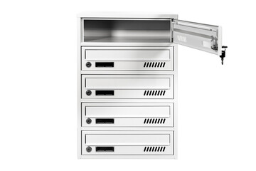 Mail boxes filled of leaflets and letters. Shallow DOF,Mailboxes and Lock in Rows at Entrance