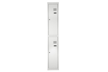 White lockers with silver numbers in bright interior. Change room metal box row