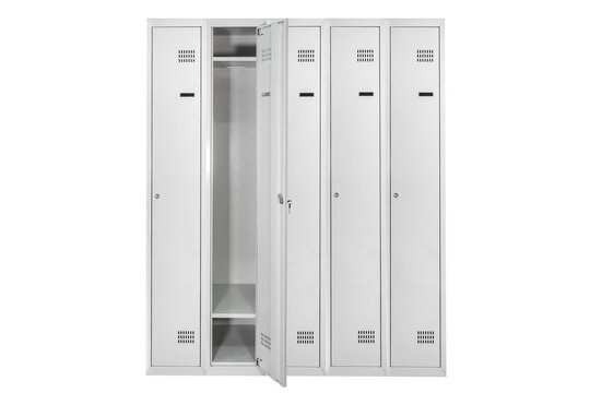 White lockers with silver numbers in bright interior. Change room metal box row