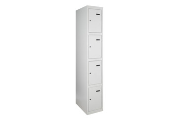 White lockers with silver numbers in bright interior. Change room metal box row