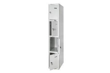 White lockers with silver numbers in bright interior. Change room metal box row