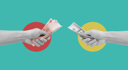 Digital collage modern art. Hand holding Yuan and US Dollar banknotes