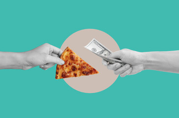 Digital collage modern art. Hand holding slice pizza and hand holding cash