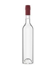 Transparent grappa bottle with burgundy cap isolated on white background, for packshot or mockup,...