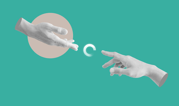 Digital collage modern art. Helping and rescue hand with loading icon
