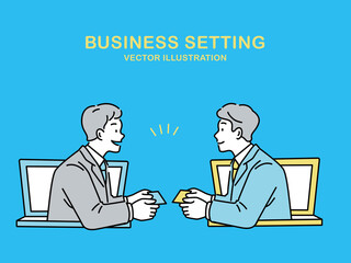 名刺交換、ビジネスシーン、挨拶、自己紹介、合意、交渉、握手、戦略、会議、プレゼン、ミーティングに関するイラストbusiness card exchange marketing  Communication business talk self-introduction  Business  setting. Greetings, self-introduction, Meetings,