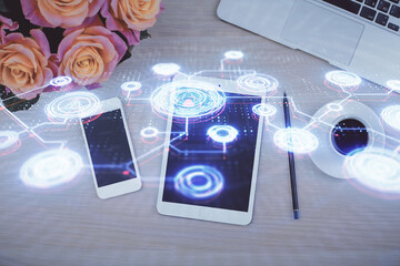 Fototapeta premium Double exposure of social network theme drawing over table with phone. Top view. People connecting concept.
