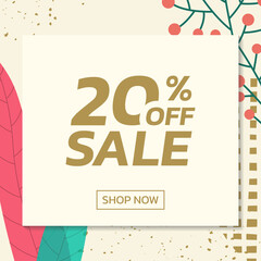 Fototapeta premium Social media sale post with floral background. Trendy banner design template with leaves. Modern discount cards with 20 percent price off. Vector illustration.