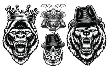 A set of black and white animal mascots, these perfect vector illustrations can be used as emblems, shirt prints as well as many other uses.