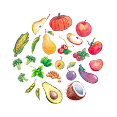 Hand drawn watercolor collection of vegetables and fruits