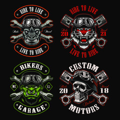 A set of biker themed vector illustrations, these designs can be used as shirt prints, emblems, or for many other uses