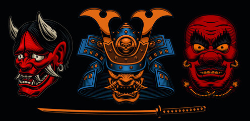 A set of colorful vector illustrations of different Japanese masks