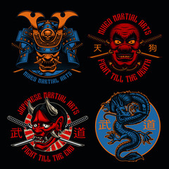 A set of colorful Samurai-themed badges, these illustrations can be used as shirt prints, translation of Japanese characters in the file layer name