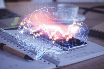 Double exposure of brain theme drawing and cell phone background. Concept of information