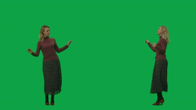 Portrait of a young woman in a long skirt and a turtleneck, dancing and waving her hands. 2 in 1 Collage Front and side view full length on green screen background. Slow motion ready, 4K at 59.94fps.