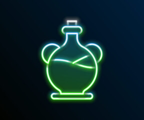 Glowing neon line Bottle of olive oil icon isolated on black background. Jug with olive oil icon. Colorful outline concept. Vector