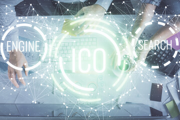 Double exposure of man and woman working together and crypto theme hologram drawing. Computer background. Blockchain concept. Top View.