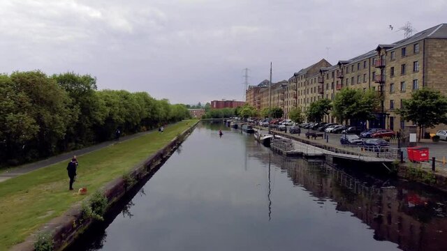 Glasgow Scotland 2021 4k aerial shot over forth and clyde canal at spiers wharf