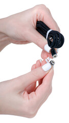 Magnetic USB cable in hand on white background isolation