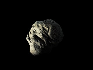 asteroid with craters on a black background, surface of the meteorite, cosmic stone 3d illustration.