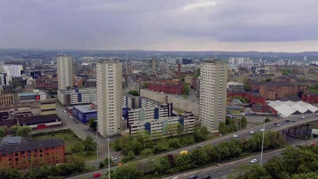 Glasgow Scotland 2021 4k aerial shot of Glasgow High flats and city centre shot from clyde canal