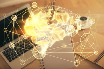 Multi exposure of woman hands working on computer and human brain hologram drawing. Ai tech concept.