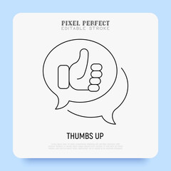 Positive feedback, review thin line icon. Speech bubble with thumbs up. Pixel perfect, editable stroke. Vector illustration.