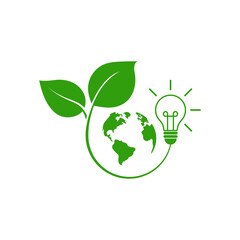 Planet with green leaf and bulb. Eco sign design. Vector illustration.