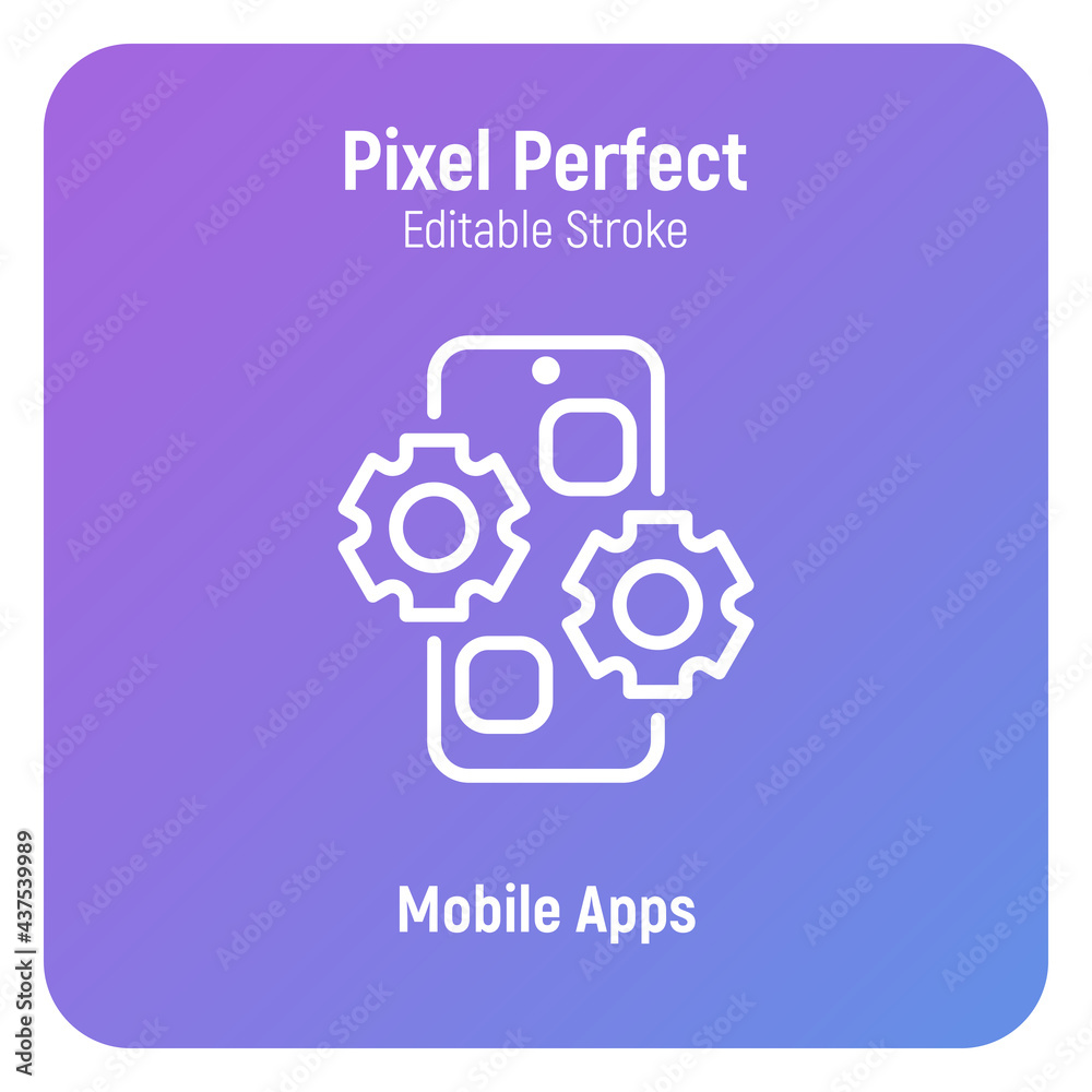Wall mural web development thin line icon. mobile app. cogwheels on smartphone screen. pixel perfect, editable 