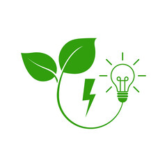 Lightning with green leaf and bulb. Eco sign design. Vector illustration.