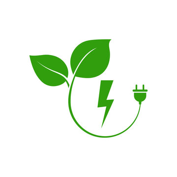 Lightning with green leaf and power socket. Eco sign. Vector illustration.