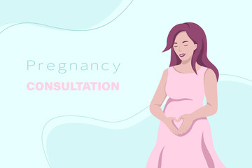 Happy pregnant woman holds her belly. Pregnancy consultation. Vector illustration in flat style.