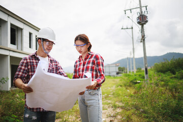 Two Civil Engineers, field engineers, foreman, owner's standing in the construction site project in the background.