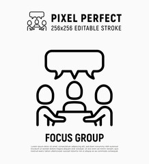Focus group, meeting, teamwork thin line icon. Group of people sitting by the table. Brainstorm. Pixel perfect, editable stroke. Vector illustration.
