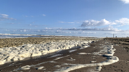 Drift ice and foam on a sandy beach under the cloudy sky © Mike Fortgens/Wirestock