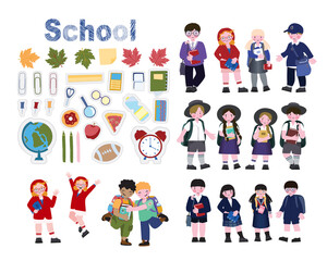 A set of characters - children in school uniforms of different countries. A set of stickers with school themes. Cartoon style