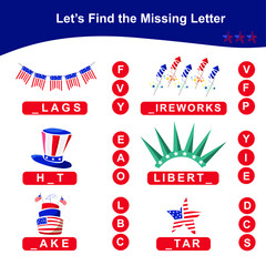 American Independence Day finds the missing letter game for Preschool Children. Missing letters game and write them in the appropriate places. Educational spelling printable game worksheet.