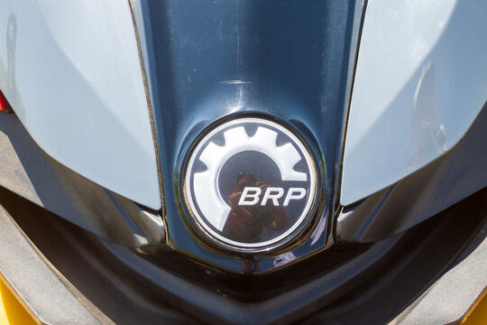 Krasnodar, Russia - July 25, 2020: Close up of jet ski with Sea-Doo BRP logo.