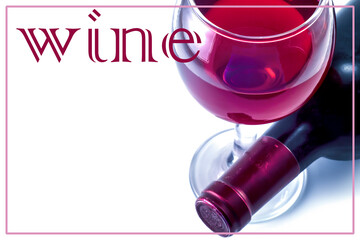 Glass and bottle of red wine on a white background and the text 