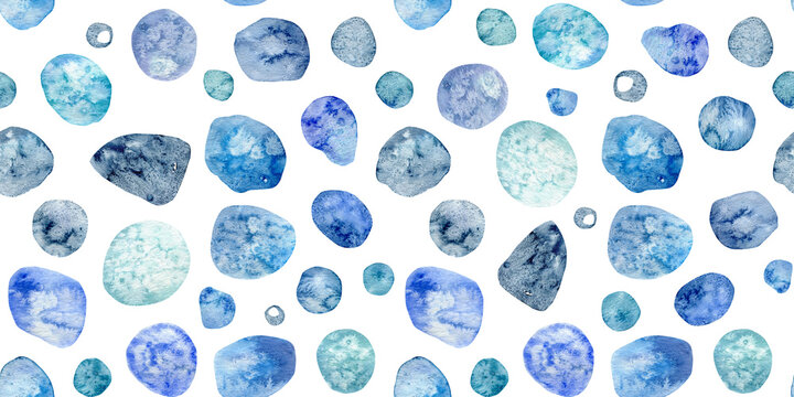 Watercolor hand drawn seamless pattern with the image of blue stones on a white background. Pebbles and cobblestones.