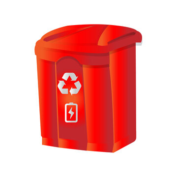 Red e-waste recycling container. Garbage container on white background with recycling icon and e-waste icon.
