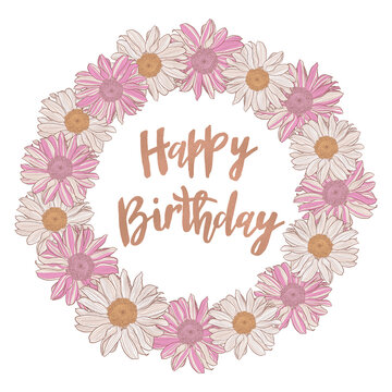 Happy Birthday - Handwritten lettering contemporary design with decorative floral frame on white background, can be used for greeting cards, postcards, banner. Vector illustration.