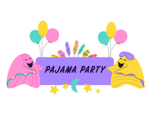 Two cushions in Flat style, point to the text in the center of the illustration, the background is decorated with balloons and stars. Party Invitation. Vector