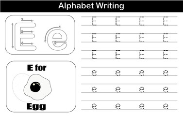 alphabet e handwriting practice with picture