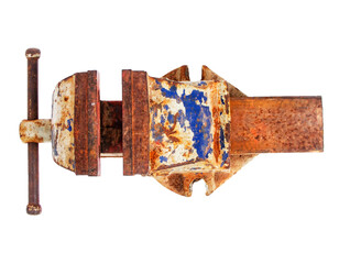 Rusty vise isolated on white background. View from above
