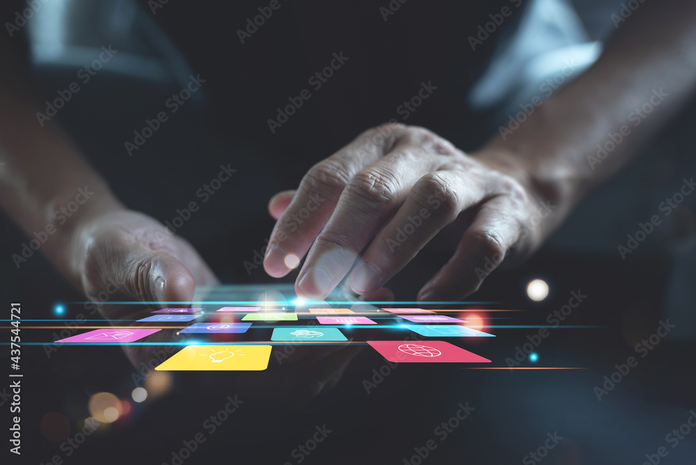 Poster man using smartphone with colourful mobile apps on virtual screen, digital software technology devel