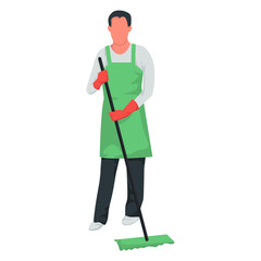 Fototapeta premium A young man with a mop in uniform cleaning the floor. Vector illustration